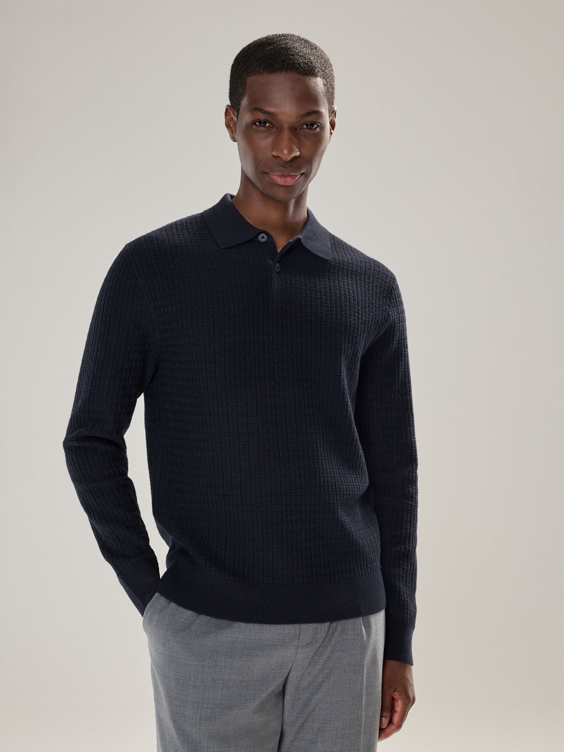 Donkerblauw - Textuur - Regular Fit Essential Long Sleeve Knitted Polo Shirt