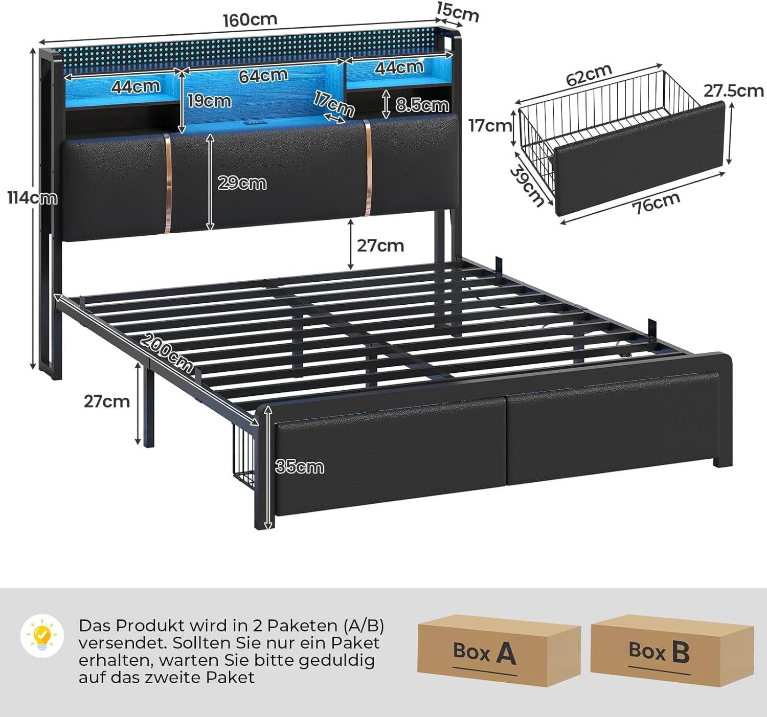 Bett 160x200 cm, Polsterbett mit LED-Beleuchtung, Metallbett Bettgestell, Bettrahmen mit 2 Schubladen, Regalkopfteil mit Stauraum, Steckdose, Doppelbett mit Lattenrost, für Schlafzimmer, PU Schwarz