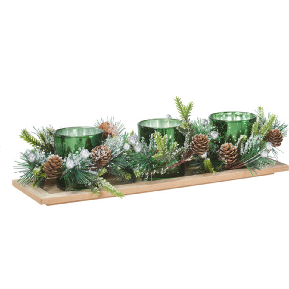 Kerststukje theelichthouder - groen -38 x 12 x 1.5 cm- tafel ornament