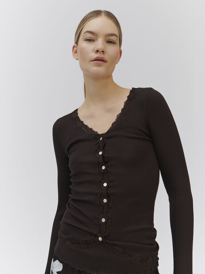 Rosemunde Silk cardigan w/ lace Dark espresso
