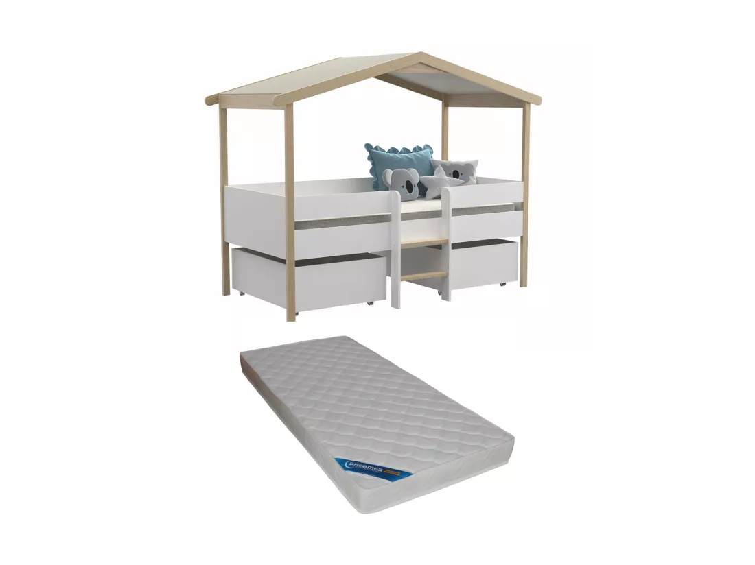 Lit cabane SAROSI avec tiroirs - 90 x 190 cm - Tilleul - Blanc et chêne + matelas