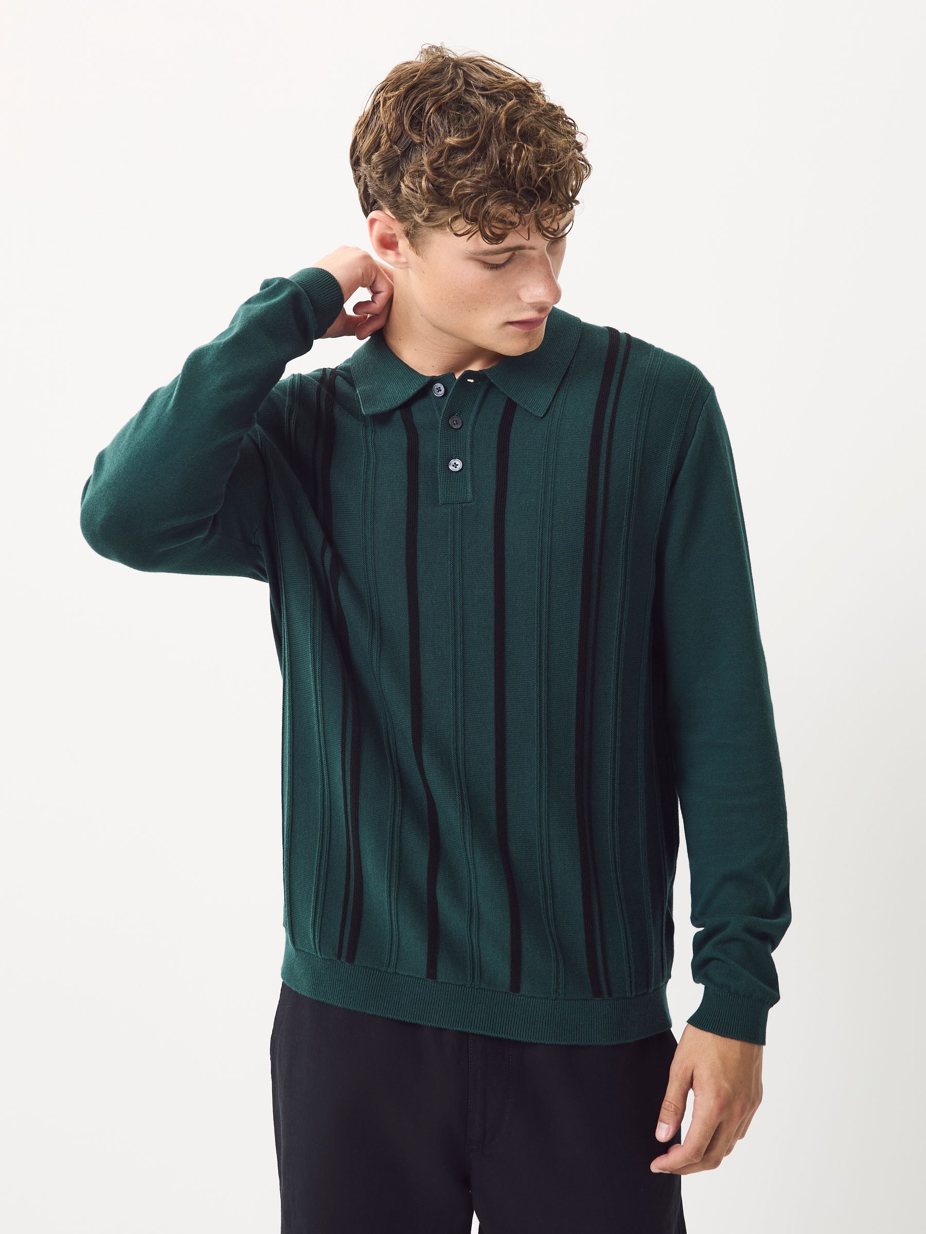 Groen - Regular-fit poloshirt met lange mouwen, streepdessin en hoog katoengehalte