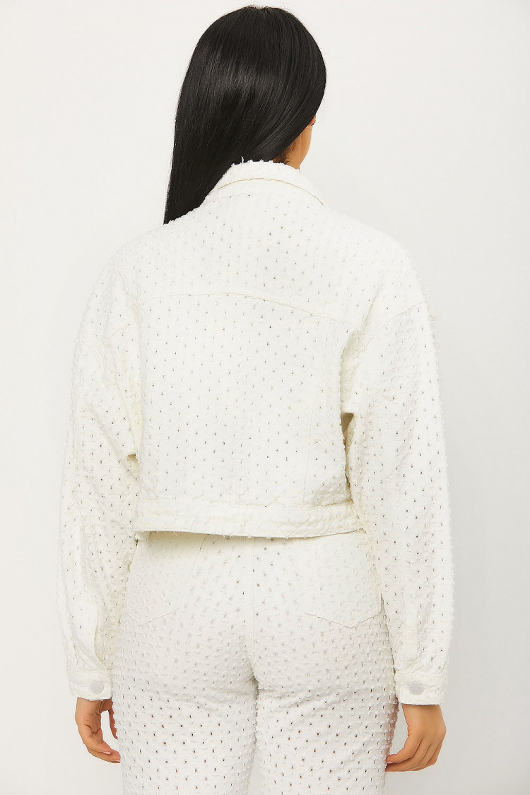 Veste courte en jeans blanche à trous