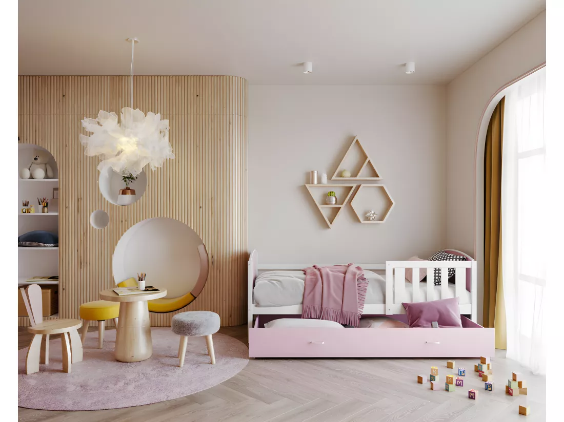 Lit Enfant Tami 90x190 ( Sans Matelas ) Blanc - rose Livré avec le sommiers et tiroir.
