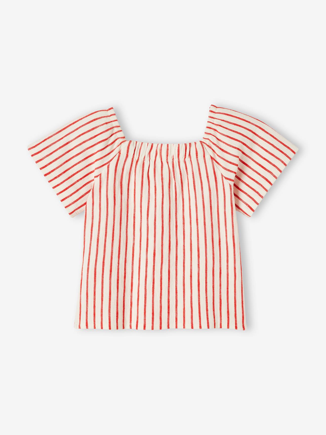Blusa listrada de manga curta para meninas, listrada em vermelho vivo.