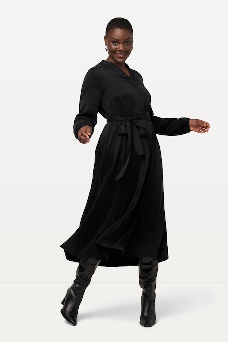 Cupro-Midikleid, Stehkragen, V-Ausschnitt, Langarm
