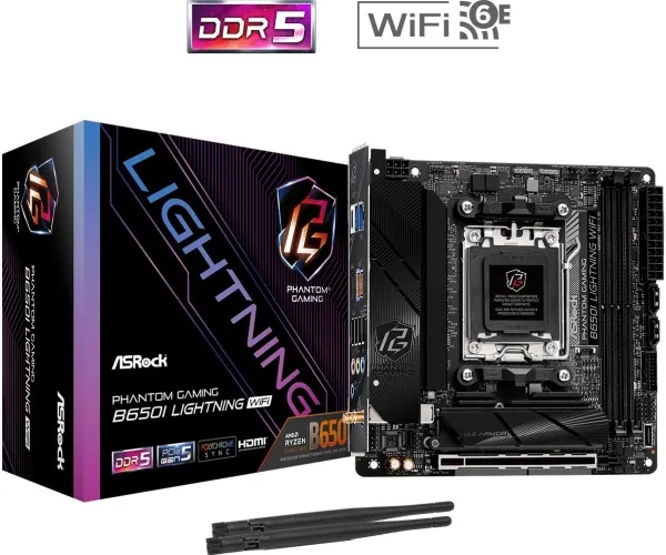 ASRock Phantom Gaming B650I Lightning WiFi - Bundkort - mini ITX - Socket AM5 - AMD B650 Chipset - USB-C 3.2 Gen2, USB-C 3.2 Gen 1, USB 3.2 Gen 2, USB 3.2 Gen 1 - 2.5 Gigabit LAN, Wi-Fi 6E, Bluetooth - onboard grafik (CPU påkrævet) - HD Audio (8-kana