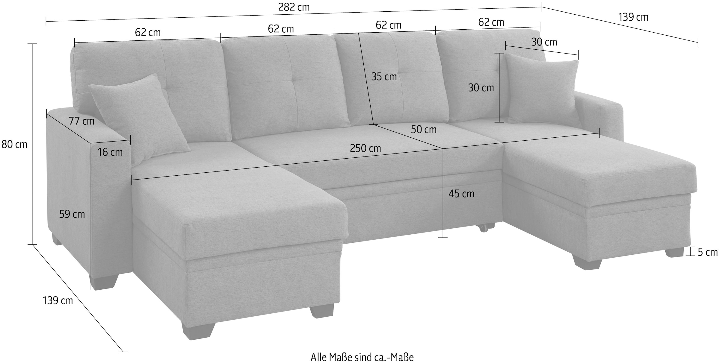 ATLANTIC home collection Wohnlandschaft »Gerrit U-Form, Br. 282 cm« mit Bettfunktion, 2 Bettkästen & 2 Zierkissen