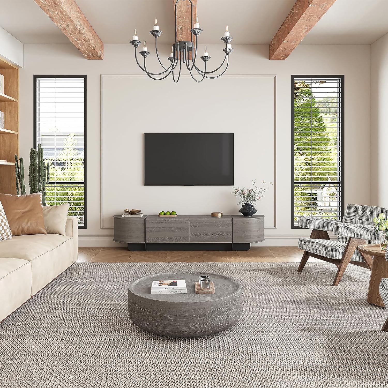 180 cm TV-Schrank für 50-70 Zoll, Langer Fernsehtisch mit Schubladen, Modernes TV-Lowboard mit großem Stauraum, Medienregal mit abgerundeten Kanten für Wohnzimmer & Schlafzimmer (Grau)