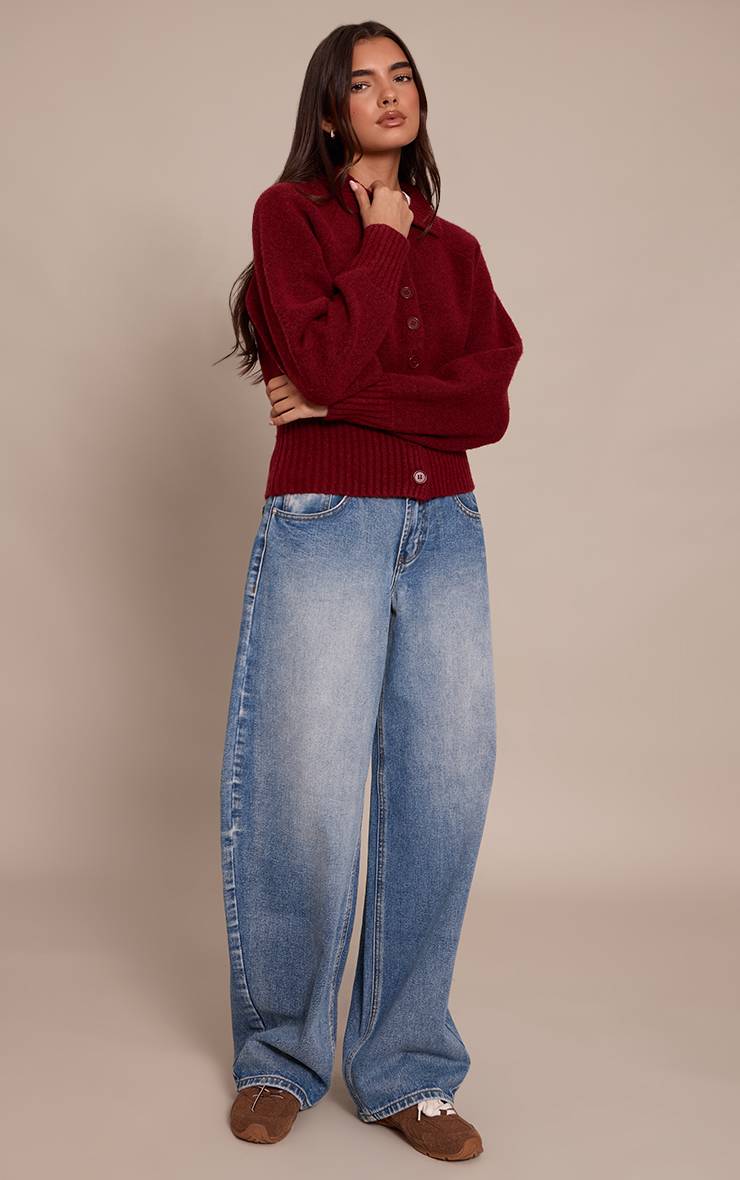 Rouge Vin Cardigan Tricoté À Col Avec Détail À La Taille