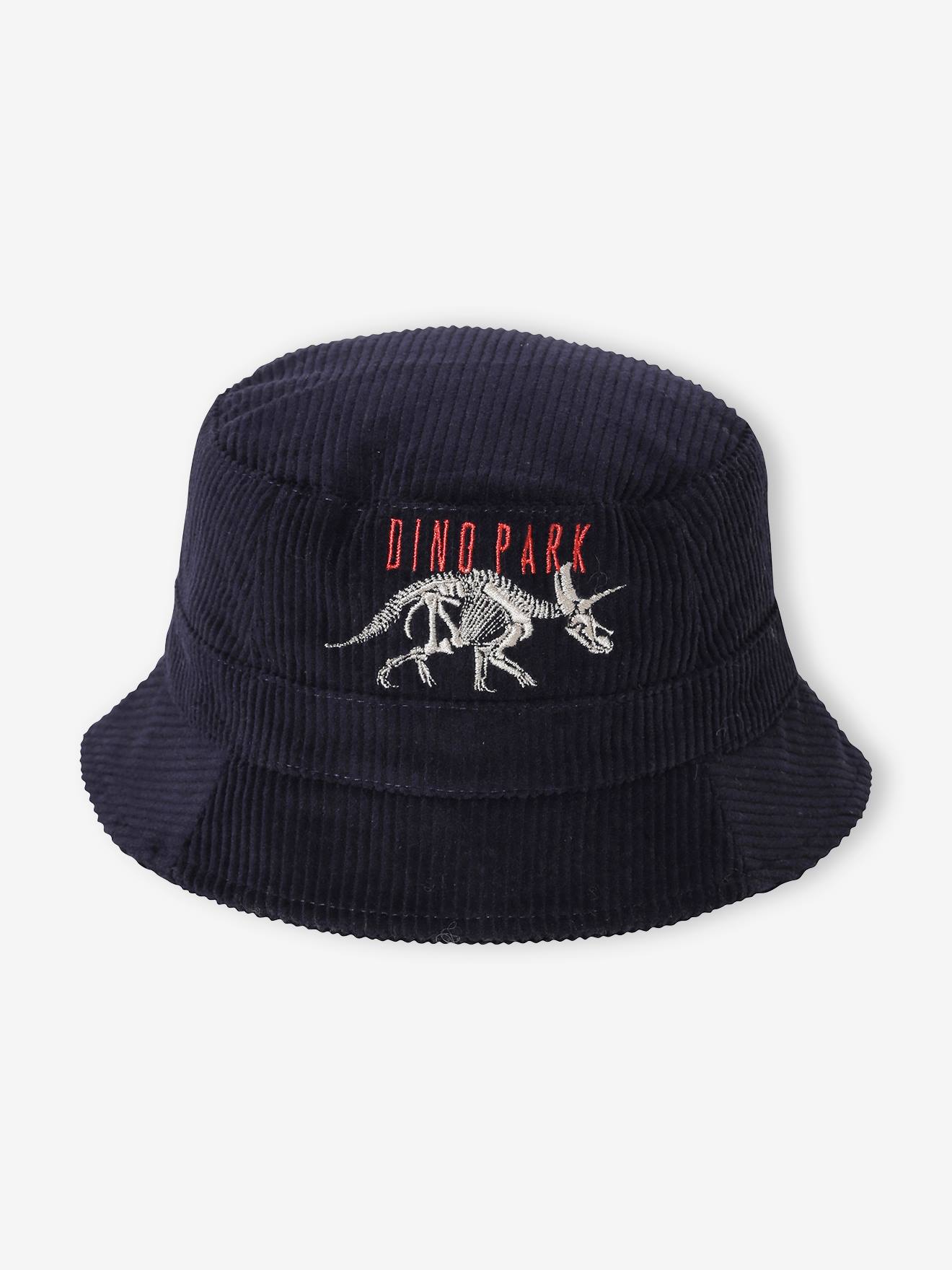 Chapéu chanel de veludo cotelê com estampa de dinossauro, azul escuro bicolor/multicolorido, para meninos