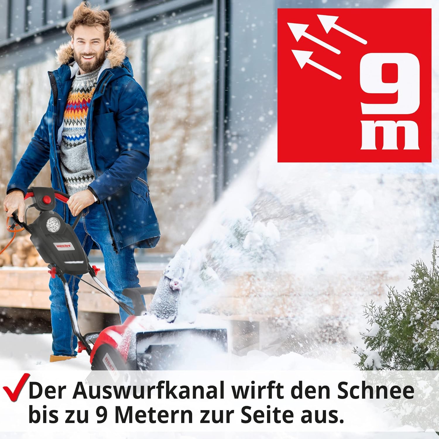 HECHT Elektro Schneefräse – leistungsstarke 2000 Watt – 51 cm Arbeitsbreite – LED-Scheinwerfer – 33 cm Arbeitshöhe – 9 m Auswurfweite – Kabelzugentlastung – 2-Hand Sicherheitsschalter