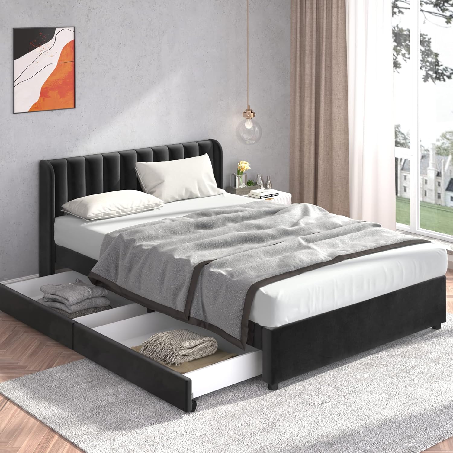 Polsterbett Doppelbett 140x200 cm, Bett mit 2 Stauraum Schubladen und Lattenrost aus Holz, Stauraumbett Bettgestell mit Metallrahmen, Samt, Schwarz (Ohne Matratze)