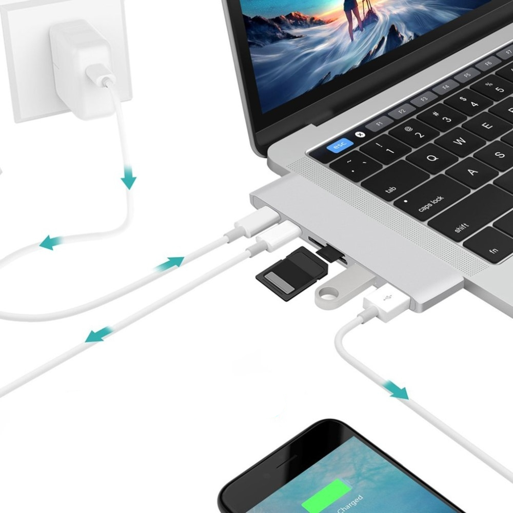 USB C Multiport Hub mit 2x USB C / 2x USB 3.0 Anschluss / Micro SD und SD Kartenlesegerät Apple MacBook Pro / Air - Silber