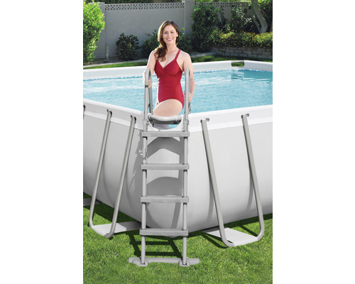 Bovengrondse frame zwembadset Bestway Power Steel™ rechthoekig 549 x 274 x 122 cm inclusief zandfiltersysteem, ChemConnect chemicaliëndispenser, ladder & afdekking grijs