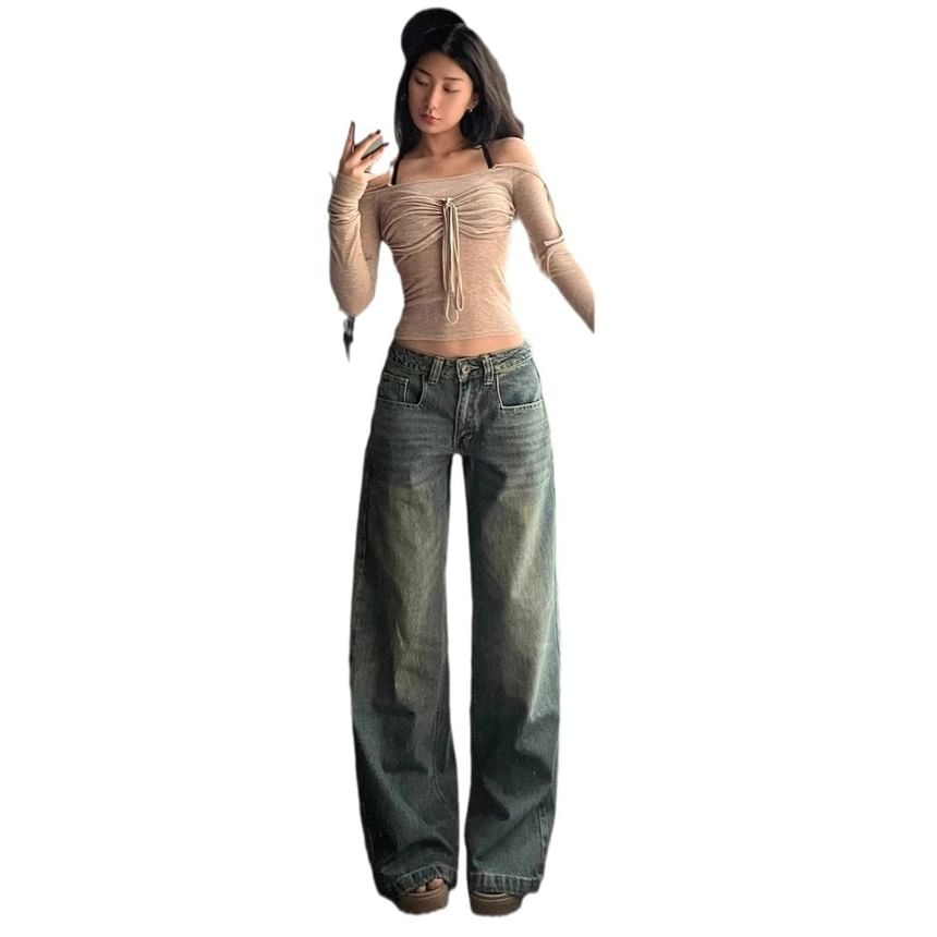 Jerolenea - Mid Waist Washed Wide Leg Jeans