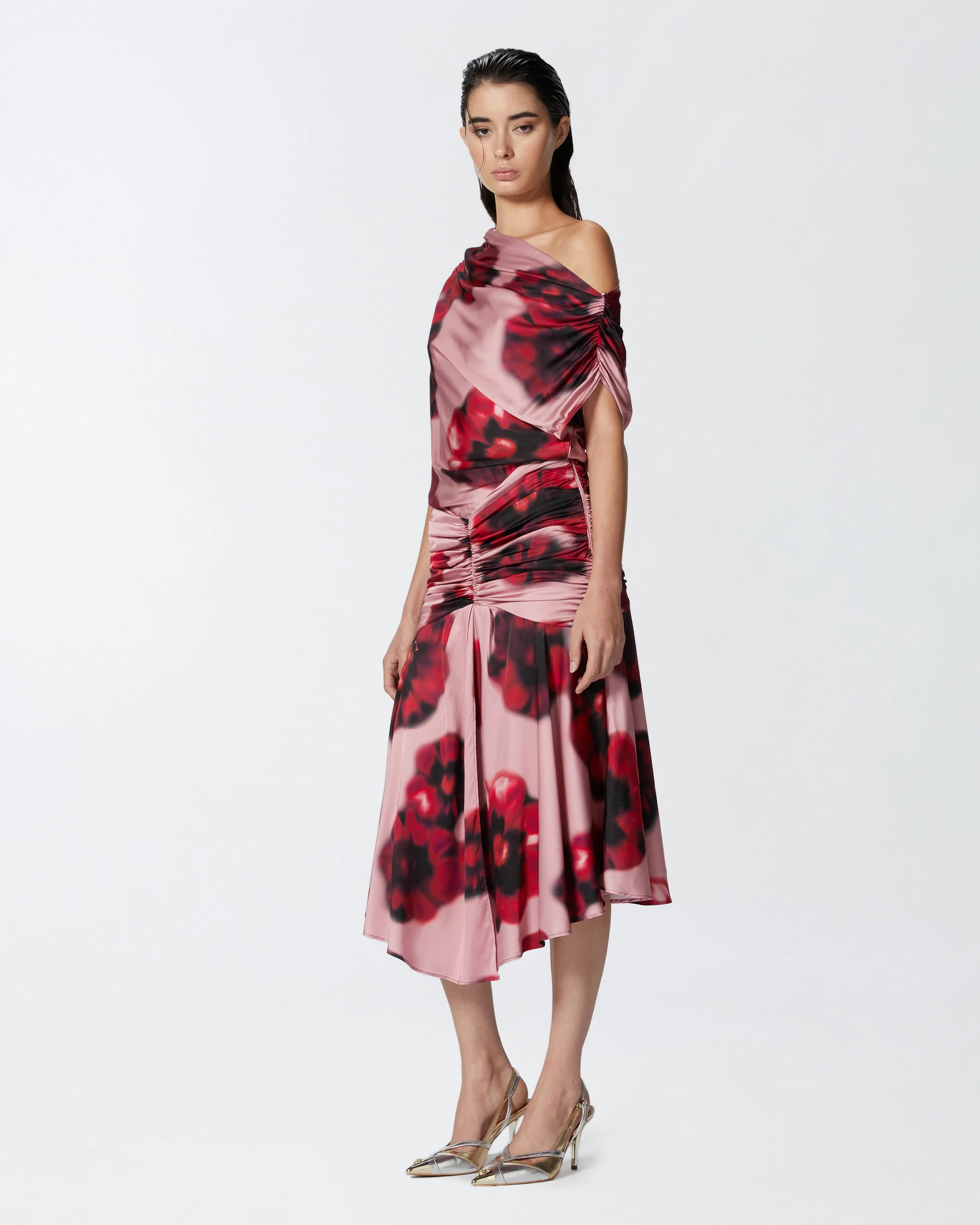 Robe midi drapée à imprimé floral dégradé | Multicolore