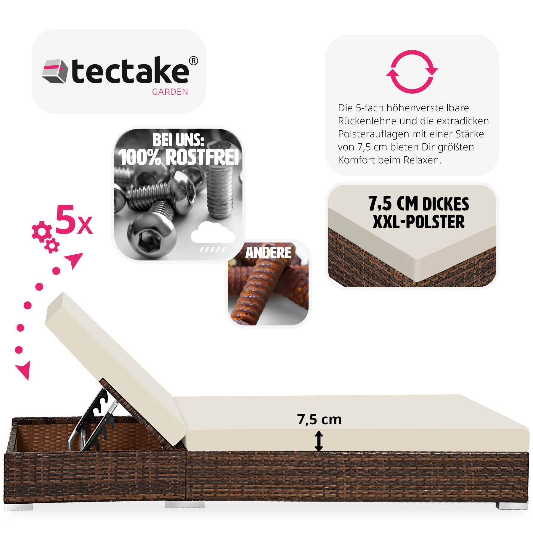 tectake® 2er Set Rattan Sonnenliegen, mit Aluminiumgestell, 5-fach verstellbare Rückenlehne, Dicke des Polsters 7,5 cm, inklusive Schutzhülle