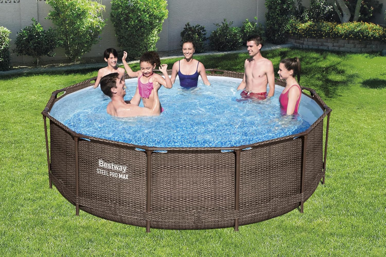 Bestway Steel Pro MAX Frame Pool-Set mit Filterpumpe Ø 366 x 100 cm, Rattan-Optik (Schokobraun), rund