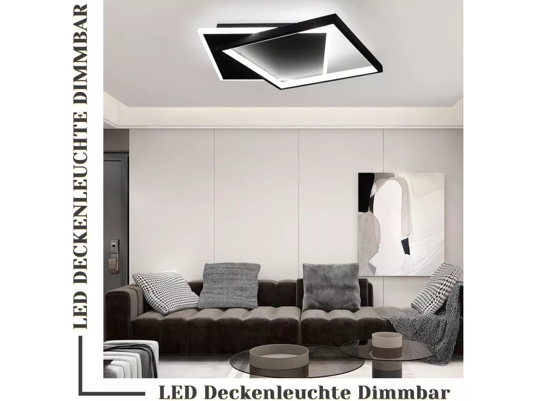 NETTLIFE Plafonnier LED Chambre Noir Lampe Dimmable 42 W Moderne Télécommande Carré Acrylique Plafonnier pour Salon Cuisine Salle à Manger