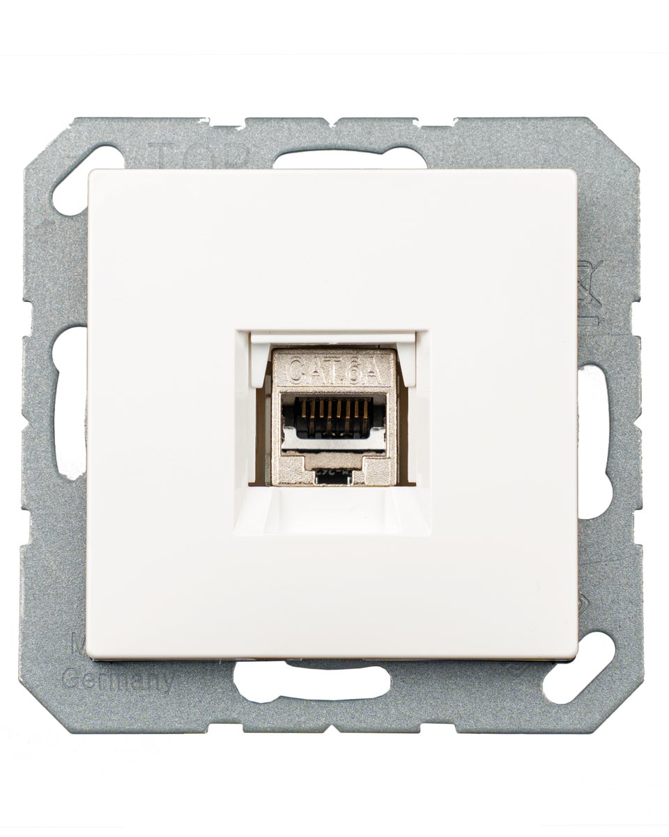 Keystone RJ45 Cat. 6A module incl. Jung Keystone enkele afdekking A1569-1WEWW & enkel frame AS581WW alpinewit, netwerkaansluiting