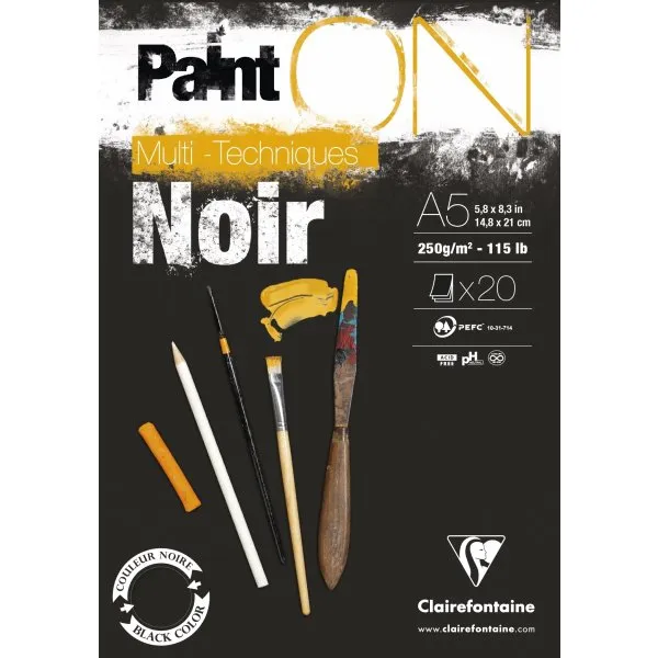 Paint-On Blok A5 250g med 20 ark sort papir, multi teknik, toplimet tegneblok