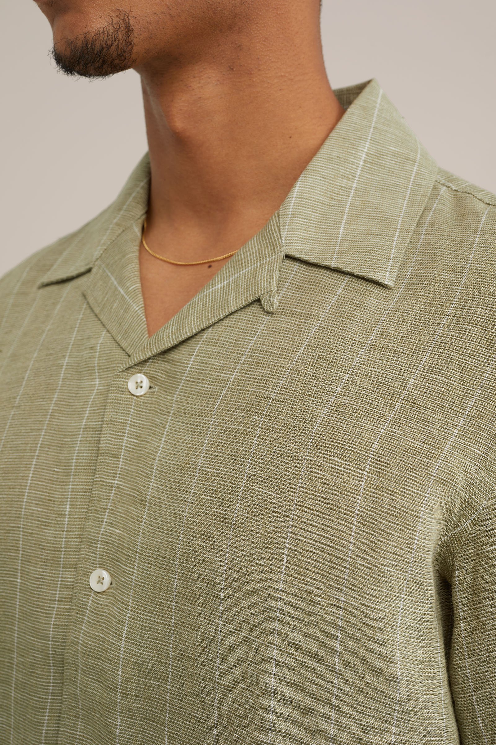 premium korte mouw linen overhemd met streep Van Gils Olijfgroen