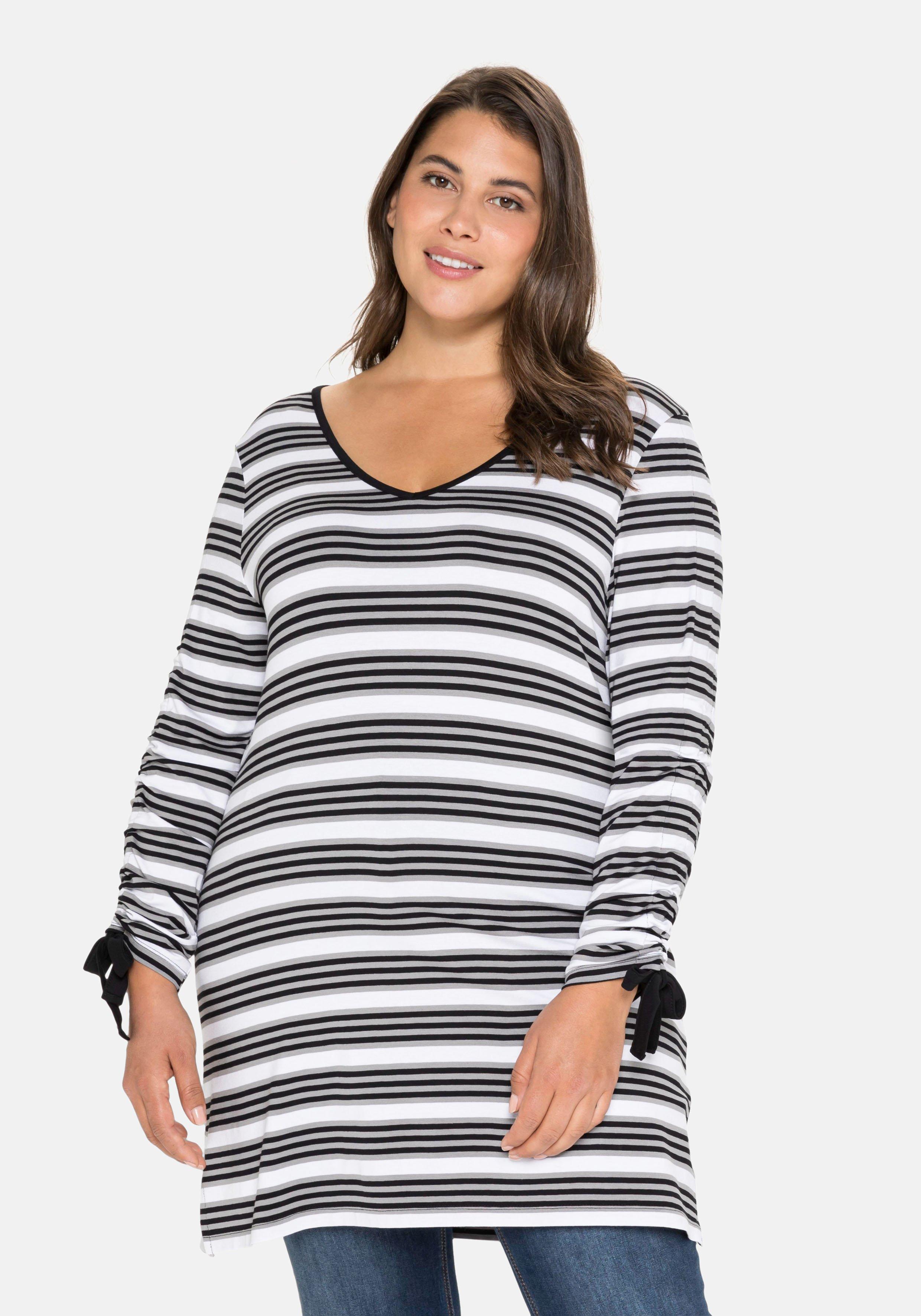 Longshirt mit Ringeln und Raffung am Ärmel
