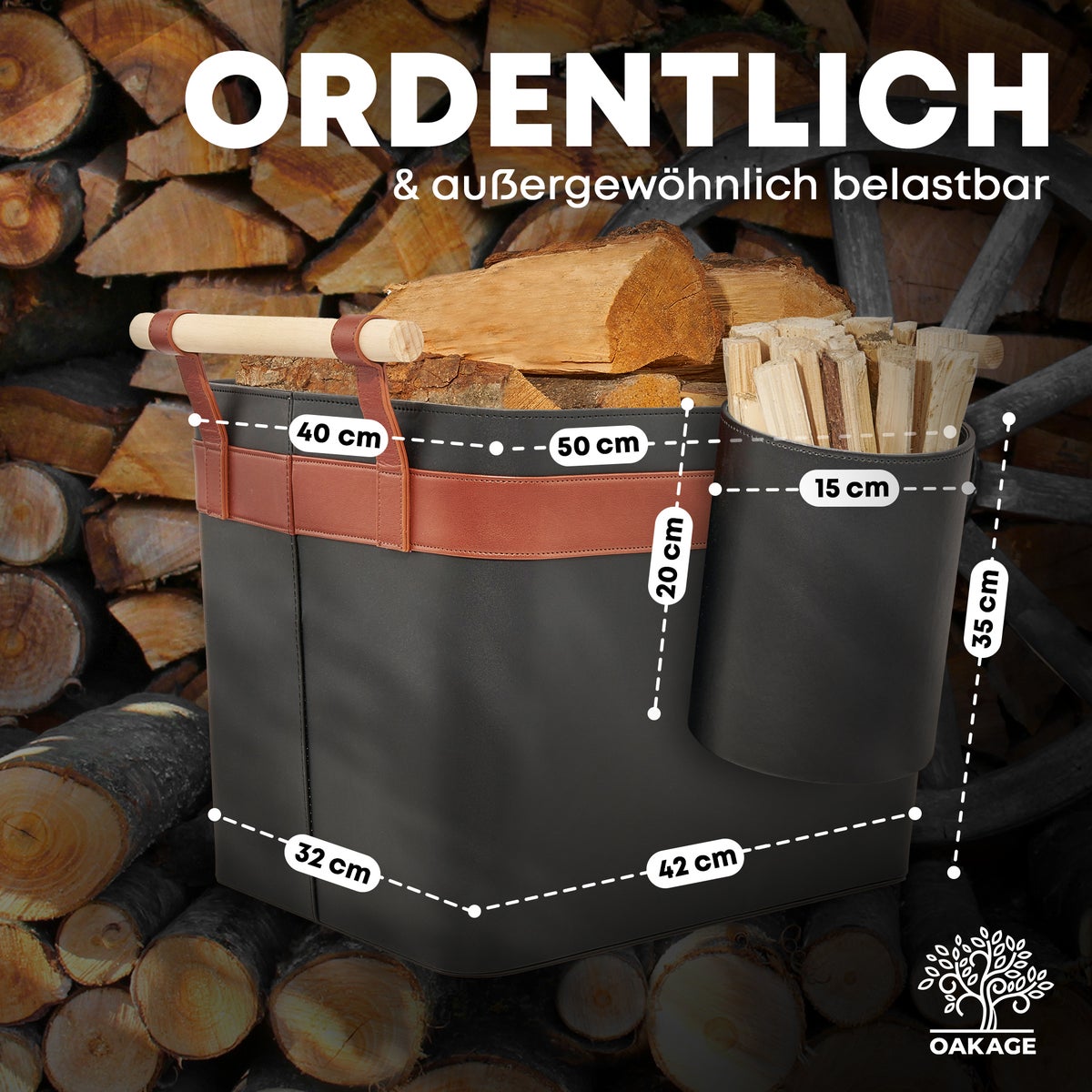OAKAGE® LuxeLeather Duo Houten Mand Veganistisch Leer - met scheurvaste houten handvatten - 50x40x35cm