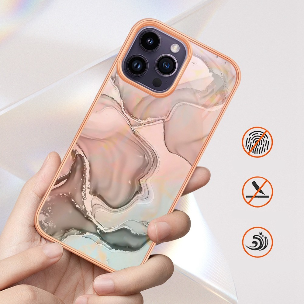 iPhone 14 Pro Gummi Case Hülle Galvanisierter Rahmen Marble Marmor Design - Blau / Roségold