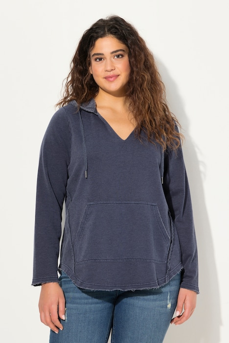 Hoodie, offenkantig, Kapuze, V-Ausschnitt, Langarm