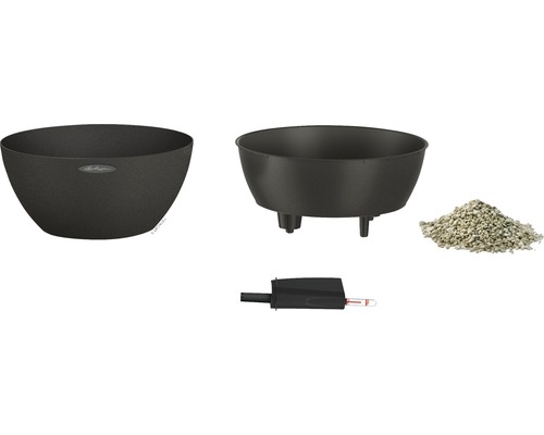 Cubeto Stone kunststof bloempot, 30x30x13 cm, zwart, inclusief zelfbewateringssysteem en waterniveau-indicator