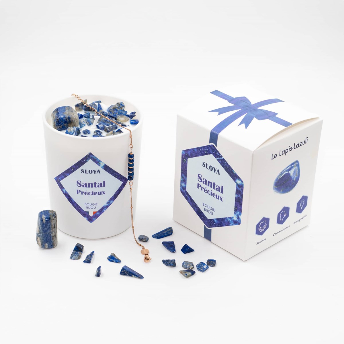 Bougie bijou pierres Lapis-lazuli - parfum Santal Précieux