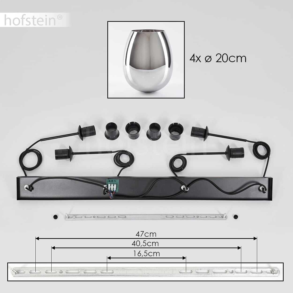 Pendelleuchte Vevino, Pendellampe aus Metall/Glas in Schwarz/Chromfarben, Leuchte im modernen Retro/Vintage-Design mit Schirmen aus Glas (Ø 20 cm), Höhe max. 154 cm, 4 x E27, ohne Leuchtmittel
