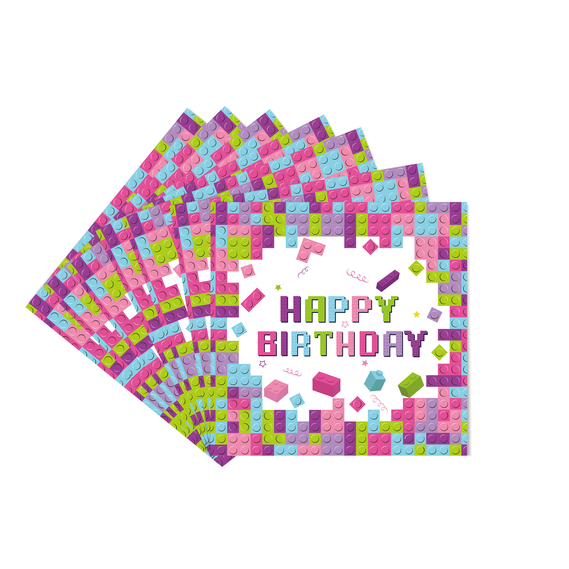 (112-tlg. Set) Happy Birthday Einweg Geschirr Kinder Geburtstags Party Tisch Deko inkl. Teller / Servietten / Papp Becher / Besteck - Bausteine / Pink