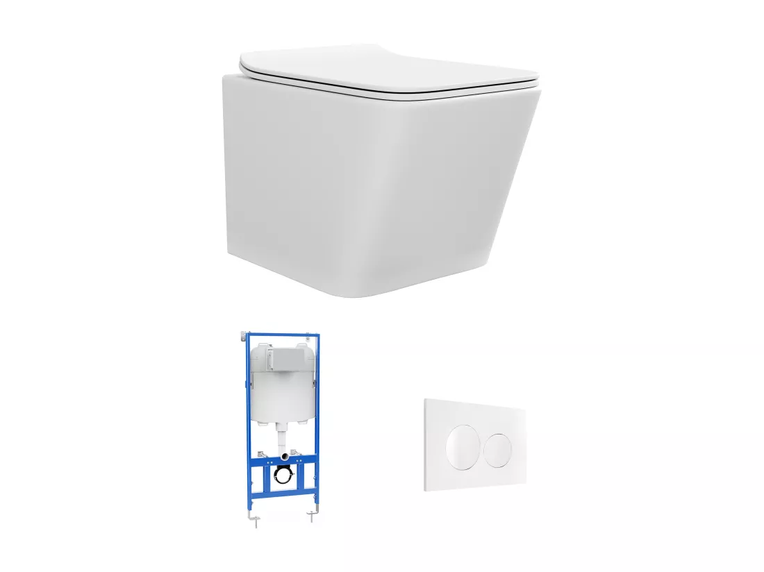 Pack WC suspendu blanc mat avec bâti-support et plaque de déclenchement blanche - CLEMONA