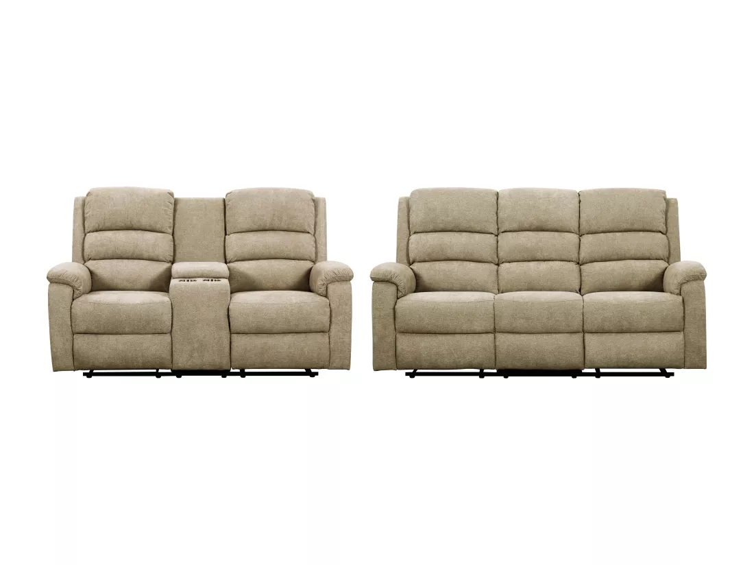 Canapés 3 places et 2 places relax électrique en tissu taupe avec tablette NEVERS