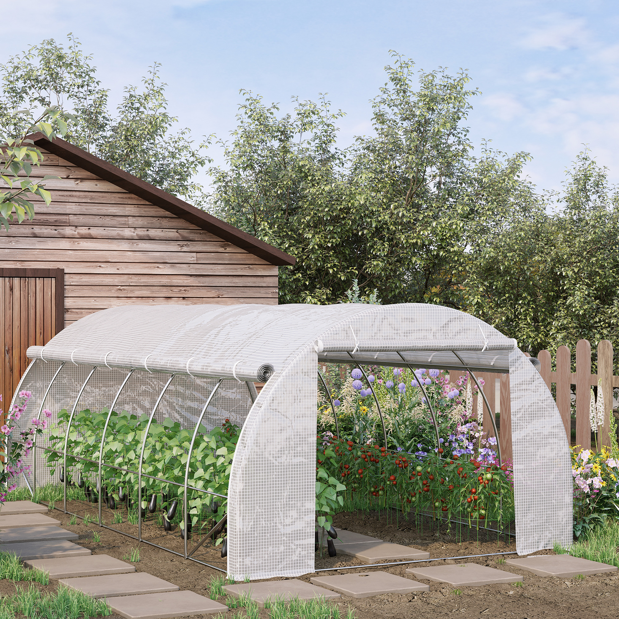 Estufa de jardim Outsunny 6x3x2 m com porta e 12 janelas de enrolar, feita de polietileno de 140 g/m² e aço galvanizado, para cultivo de plantas e flores, branca.