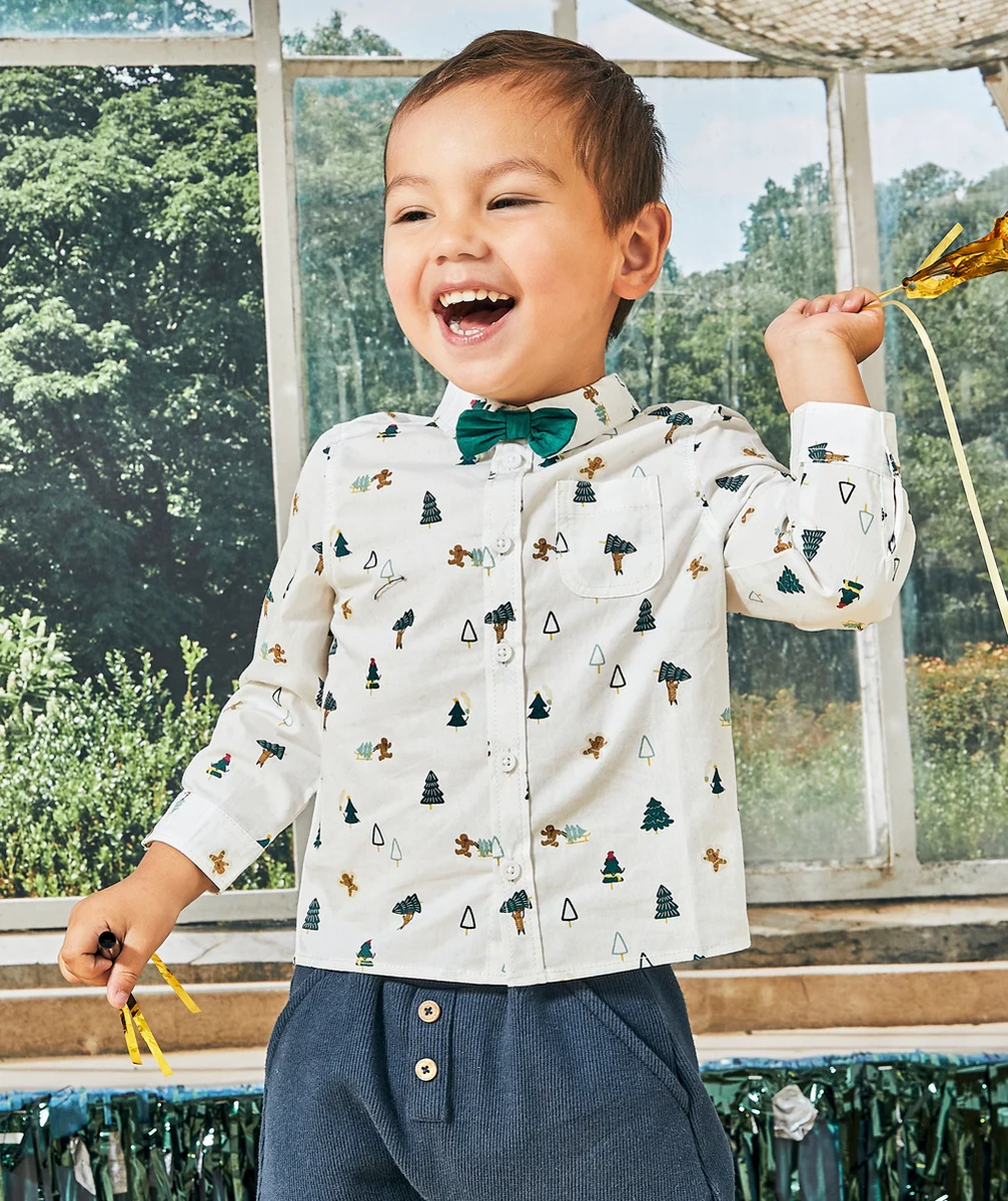 CHEMISE BÉBÉ GARÇON BLANCHE AVEC IMPRIMÉ THÈME NOËL ET NOEUD PAPILLON VERT