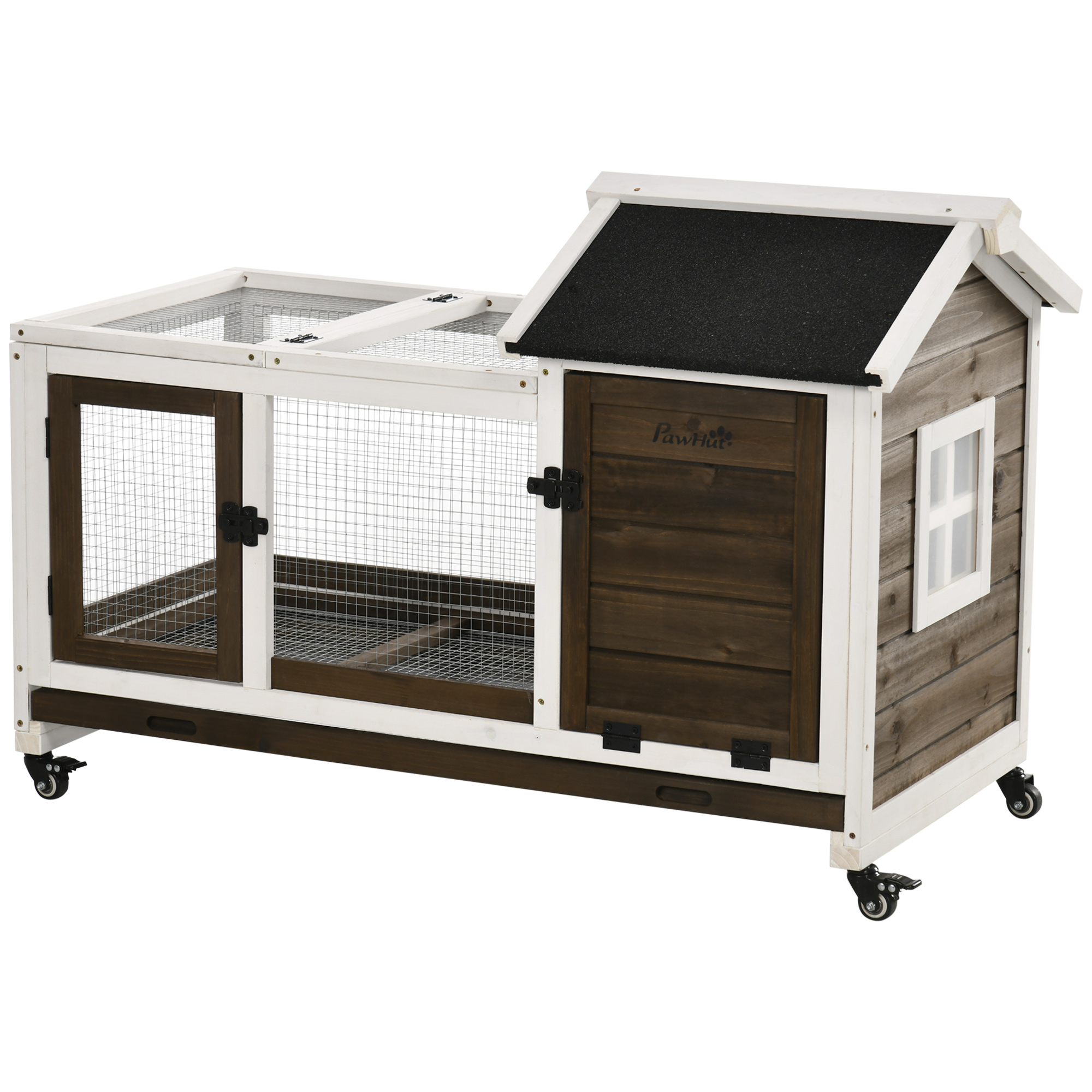 Gaiola de madeira PawHut para coelhos com rodas, 108x58x73,5 cm, para 1-2 coelhos, com teto que abre, cercado de metal, bandeja removível, portas com trava e rampa, marrom.