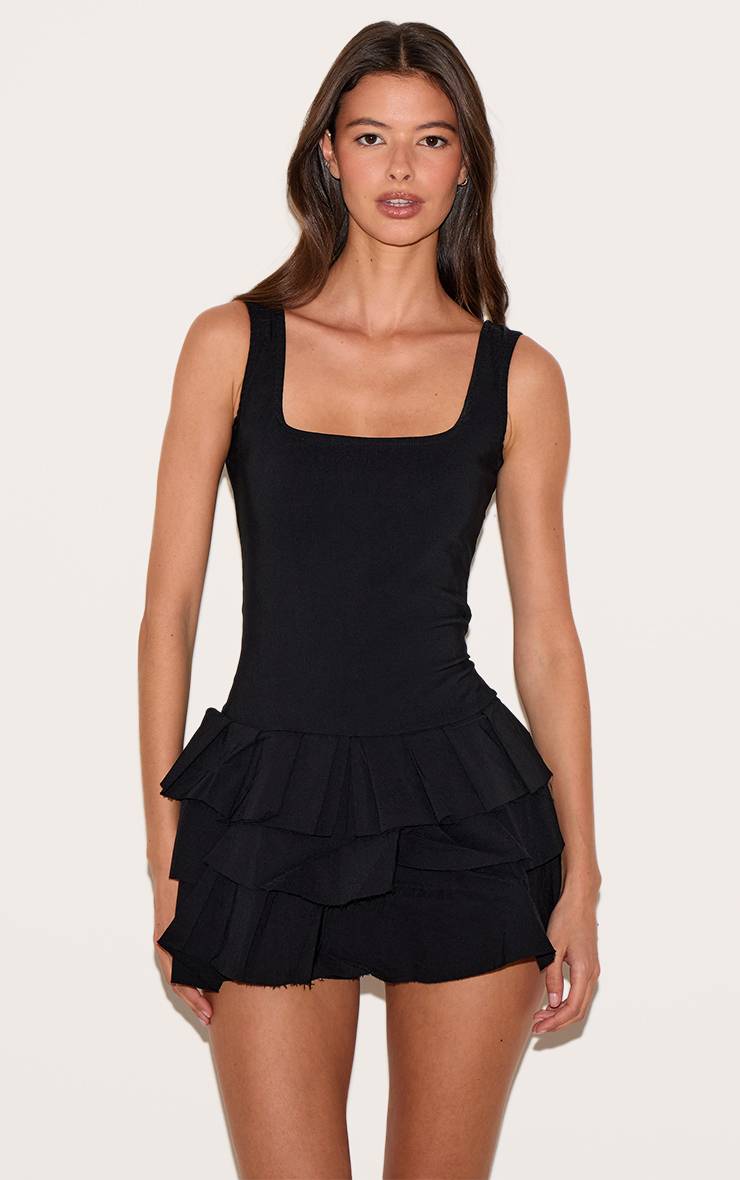 Noir Combi-short Jupe-short Plissée En Tissu Extensible