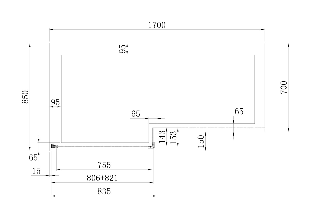 Eastbrook L-Shape badwand 85x140cm links chroom