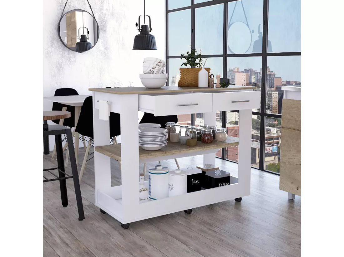 Ilot de cuisine Brooklyn en mélamine, avec tiroirs à rail métallique, 92.71 cm X 116.58 cm X 50.8 cm , Multicolore