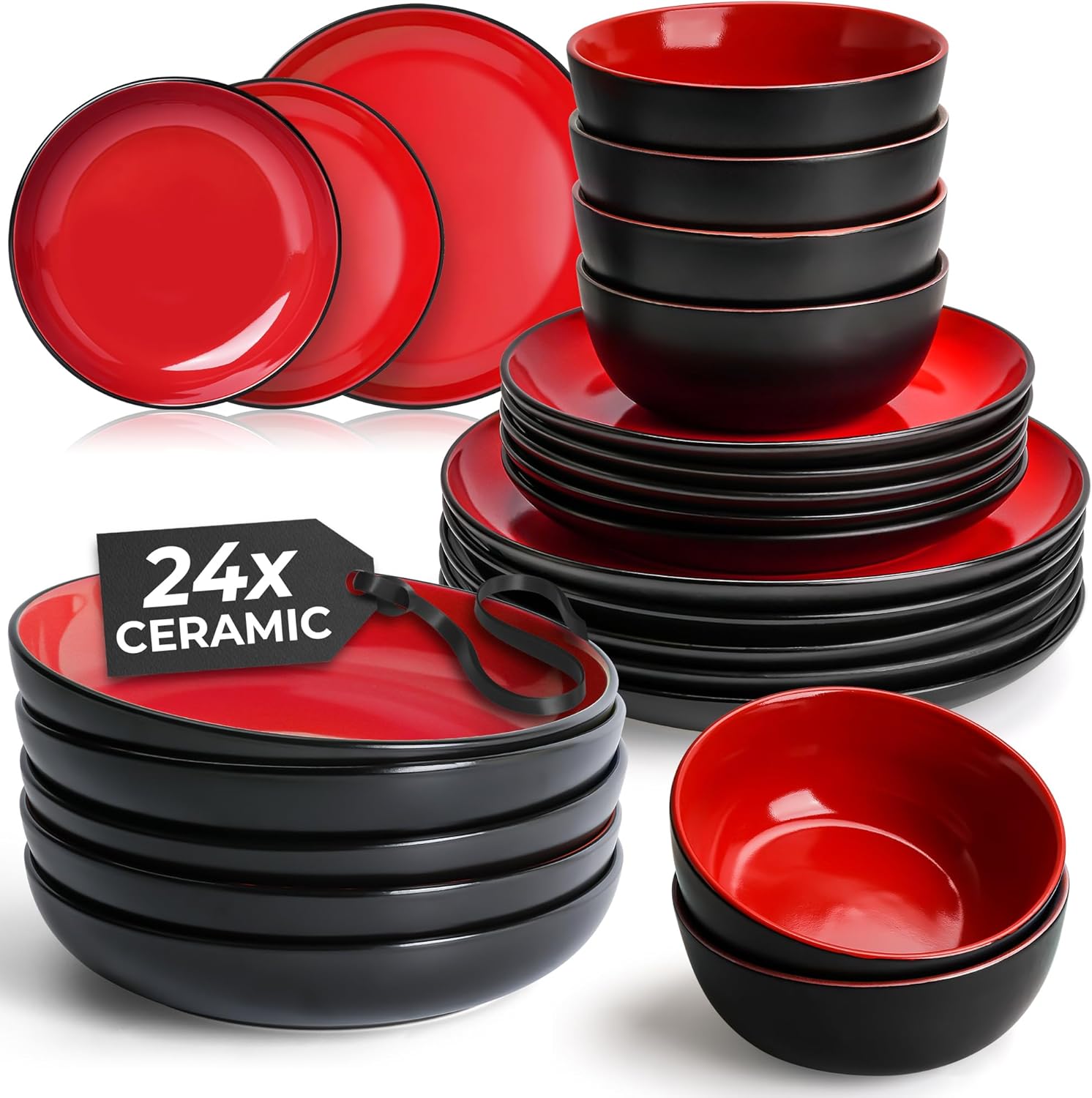 MIAMIO – Geschirrset 6 Personen/Steingut Geschirr Set 24-teilig, Tafelservice Steingut mit Tellern, Schüsseln, Tassen, und Suppentellern - Le Papillon Kollektion (Rot,24 Teile Set)