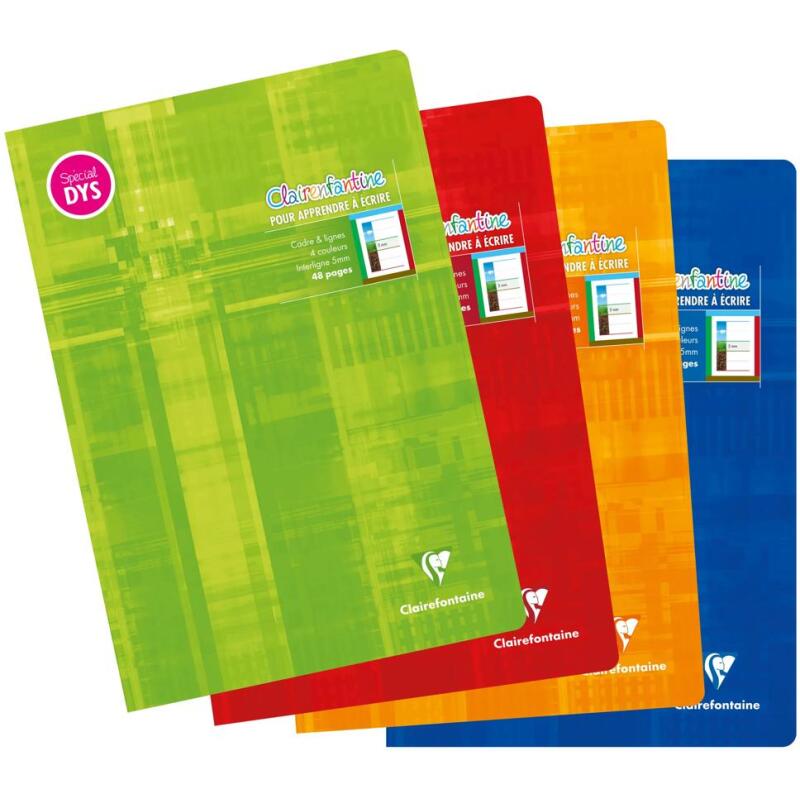 Cahier d'écriture piqué spécial Dys A4 48 pages cadre et lignes 4 couleurs Interligne 5 mm - Assortis