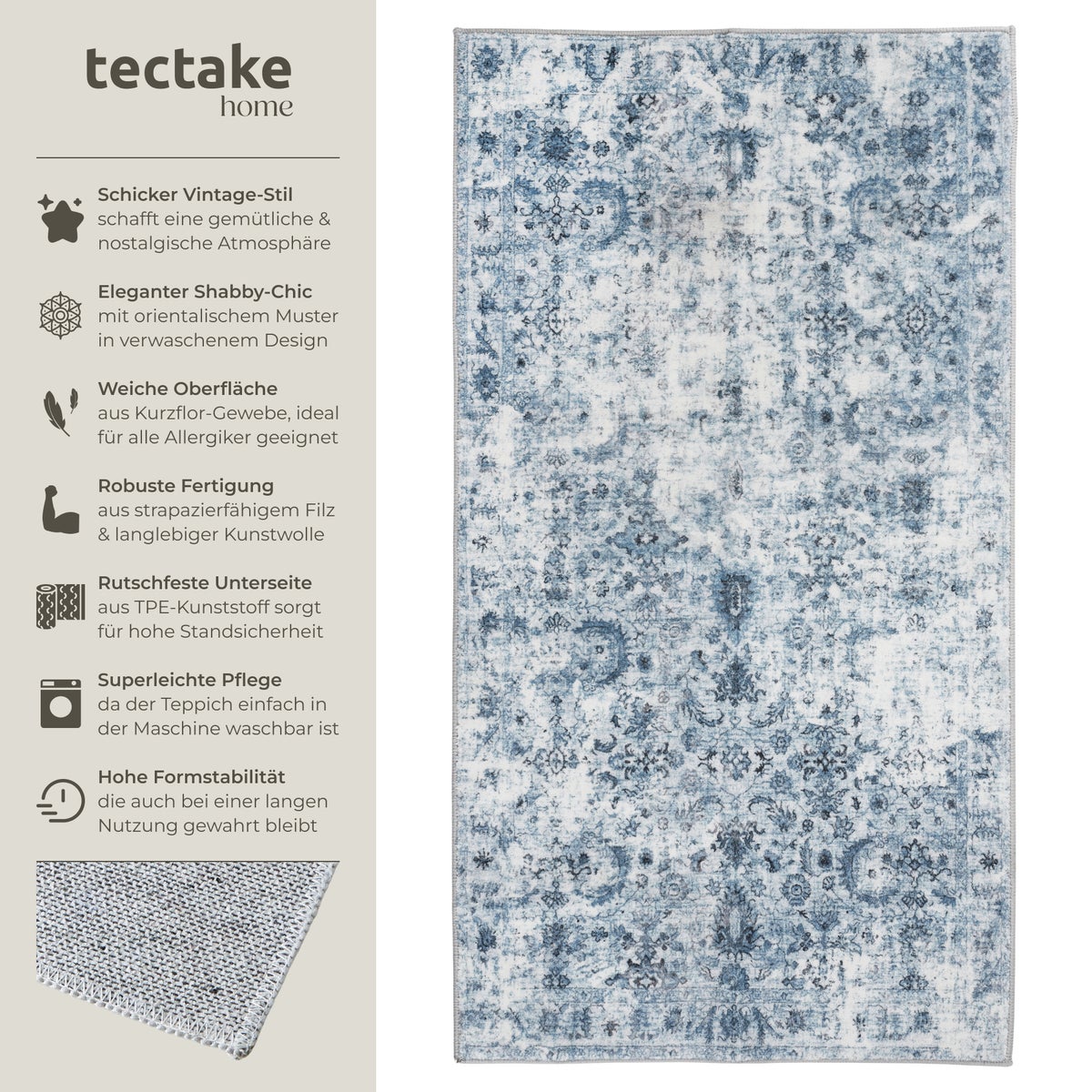 Vintage design vloerkleed tectake Amara, diverse maten, antislip achterkant