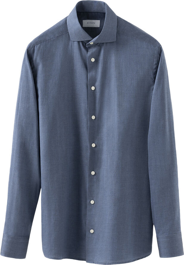 ETON Mid Blue Herringbone Wrinkle Free Flannel Shirt Blå