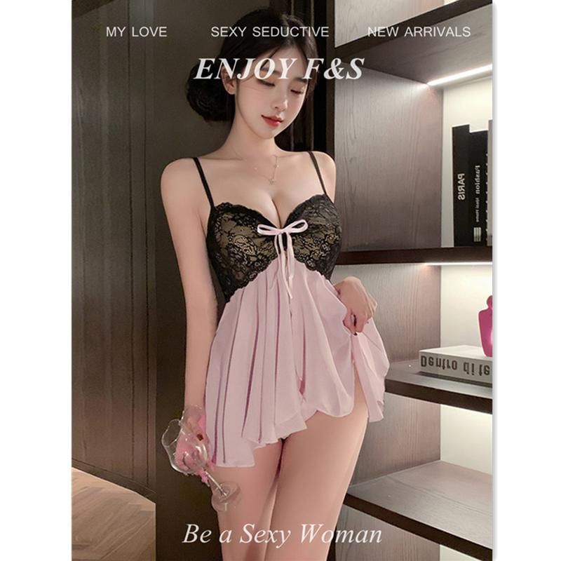 Luvhub - Babydoll met strik en kantpaneel / String / Kettingharnas / Set