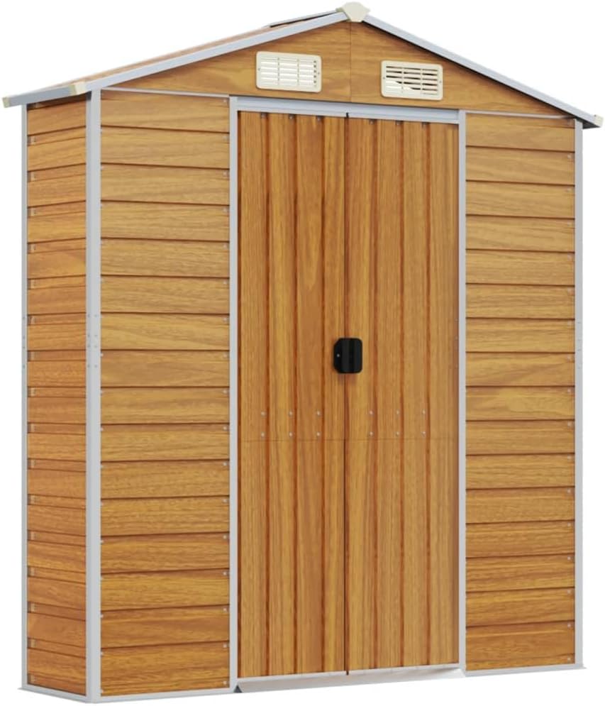 vidaXL Gerätehaus, Gartenhaus mit Schrägdach Griffe, Gartenschuppen Schuppen mit Stauraum, Geräteschuppen Metallschuppen, Hellbraun 191x130x198 cm Verzinkter Stahl