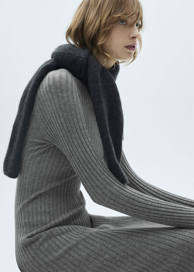 MANGO Flared knit dress with perkins coll Medium grey